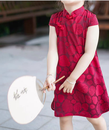 Girls' Red Short Sleeves Qipao | Lotus Leaf