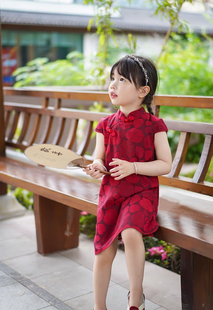 Girls' Red Short Sleeves cheongsam
