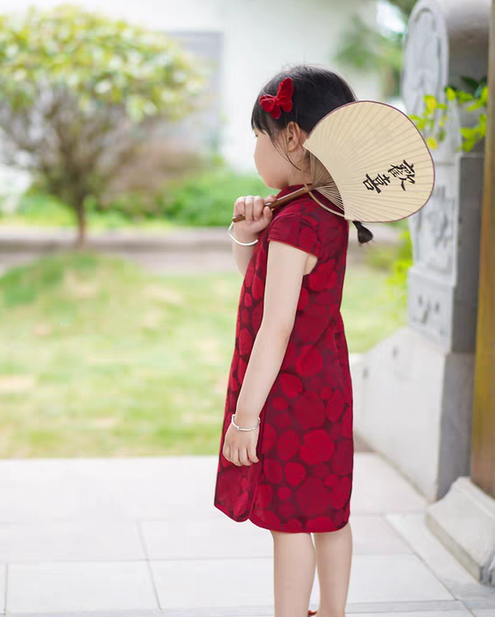 Girls' Red Short Sleeves Qipao | Lotus Leaf