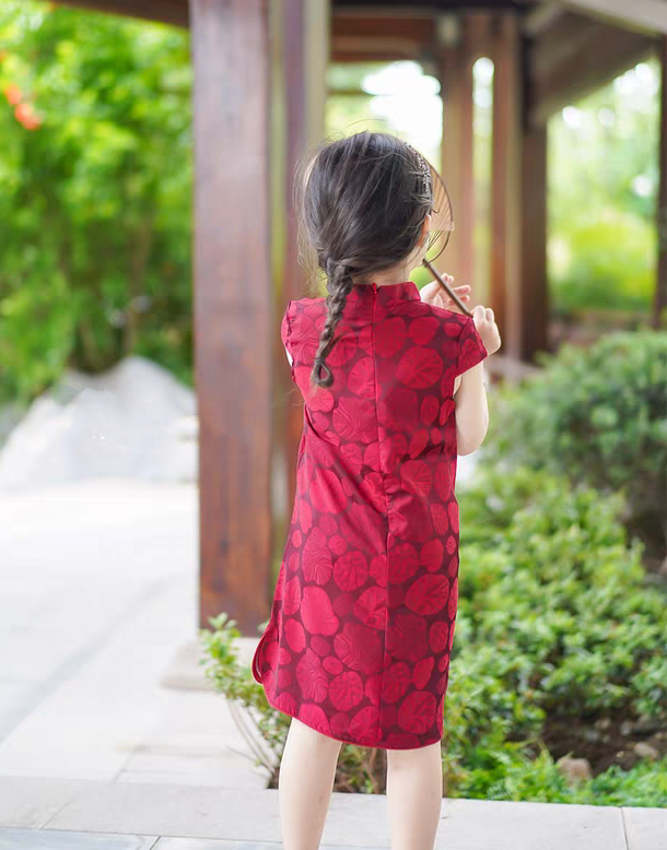 Girls' Red Short Sleeves Qipao | Lotus Leaf