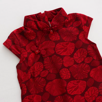 Girls' Red Short Sleeves Qipao | Lotus Leaf