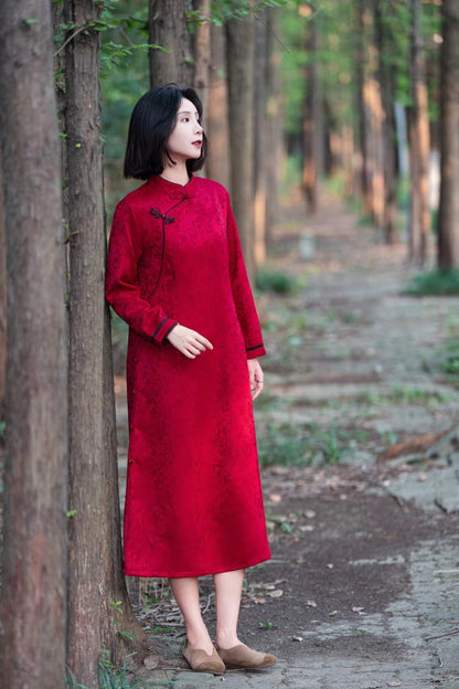 Red Floral  Long-Sleeve Jacquard Loose Qipao