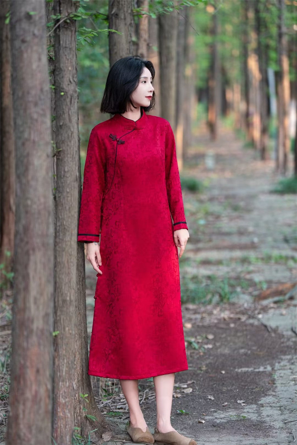 Red Floral  Long-Sleeve Jacquard Loose Qipao