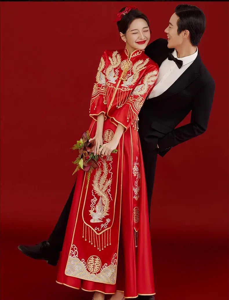 Red Traditional  Chinese Wedding Dress  phoenix  Qun Kwa for bride 