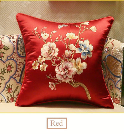 red Satin cushion cover with peach blossom embroidery 