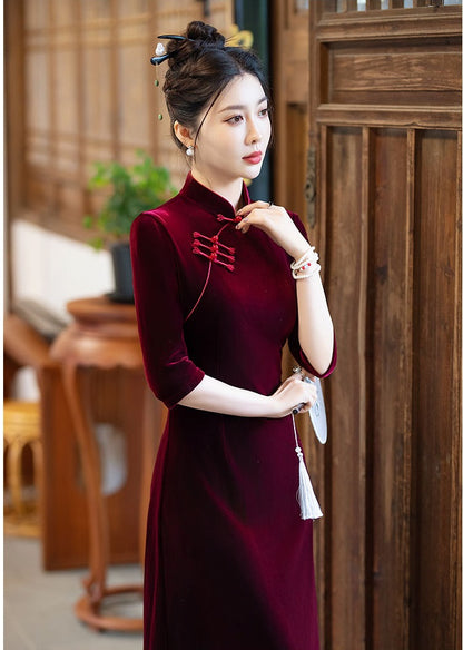 Burgundy red Long Sleeves A-Line Velvet Chinese modern qipao Dress