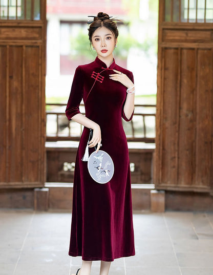 Long Sleeves A-Line Velvet Qipao