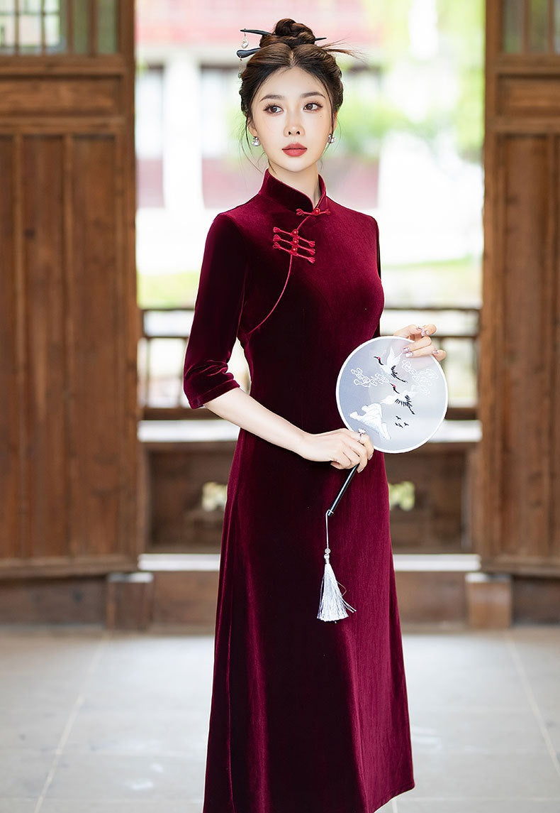 Long Sleeves A-Line Velvet Qipao