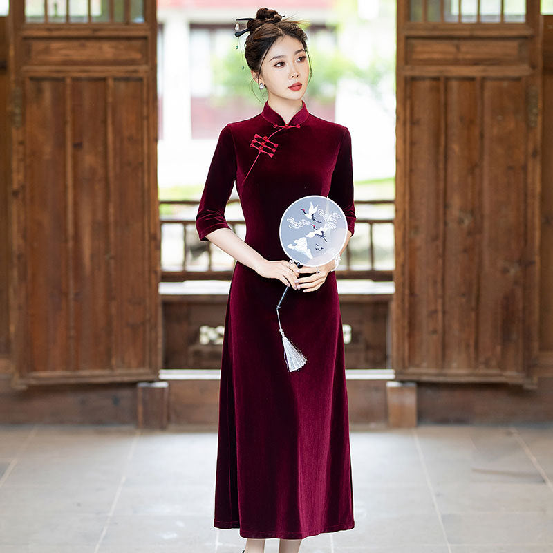 Long Sleeves A-Line Velvet Qipao