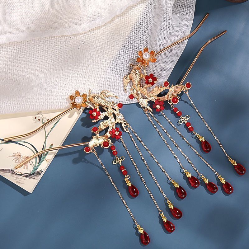 Red Goldfish Floral Hair Stick and Double Happiness Earrings