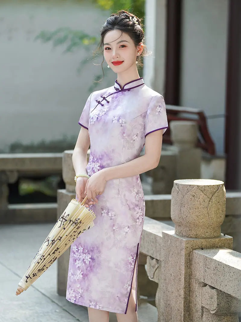 Blue & Purple Watercolor Floral Qipao Dress
