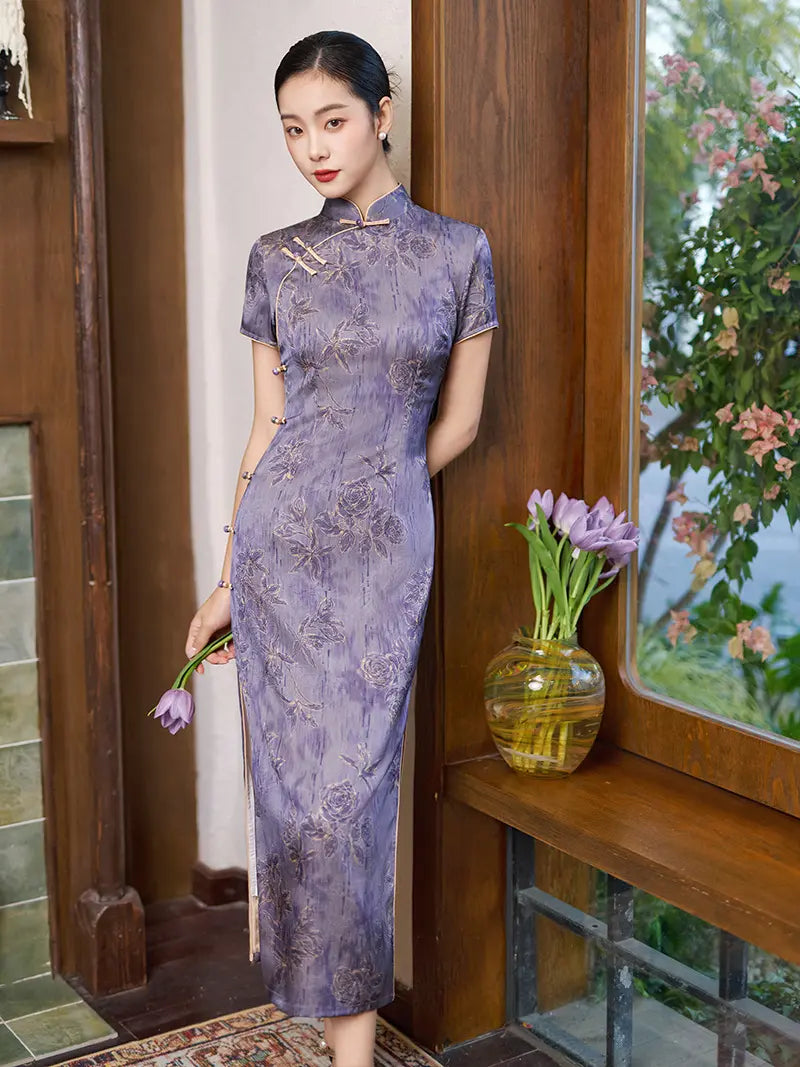 Qipao longue à fleurs lavande vintage