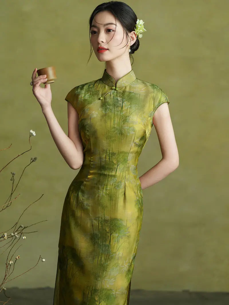 Vintage Green Bamboo Forest Cap Sleeve Qipao Dress