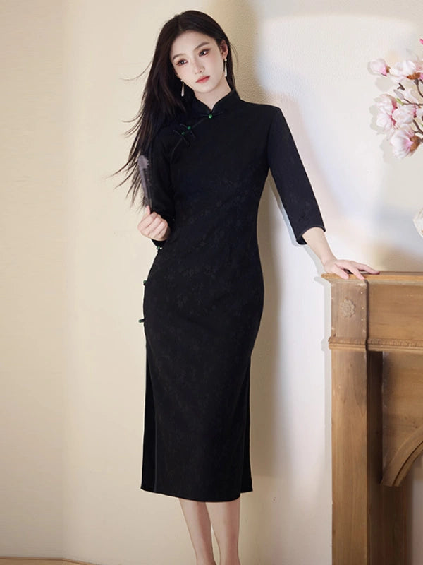 Modern Floral Cotton Jacquard Long Sleeve Qipao