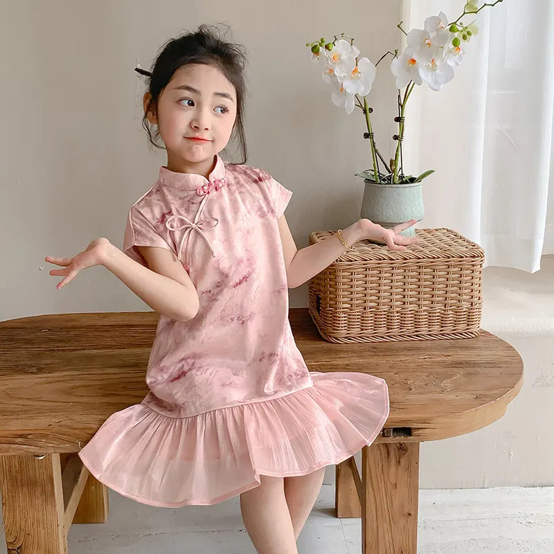 Sweet Pink Floral Kid’s Qipao Dress with Ruffle Hem