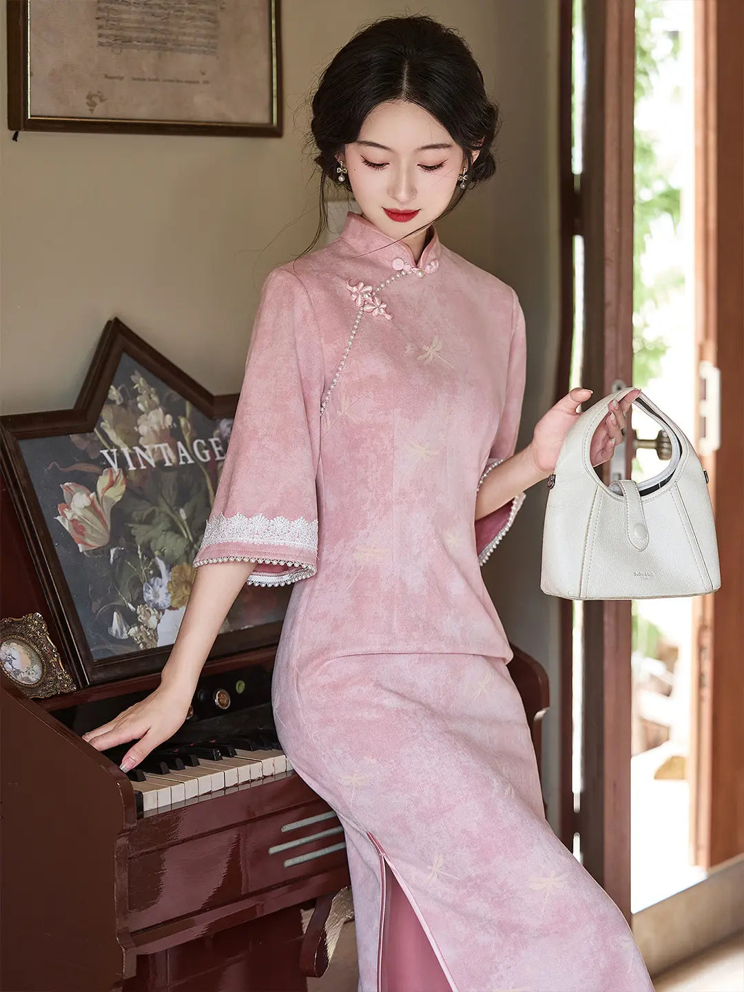Vintage Golden Yellow/Pink Microsuede Cuff Bell Sleeve Qipao