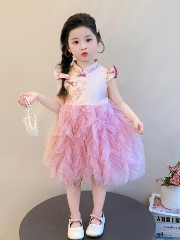 Robe Qipao moderne en tulle rose à fleurs pour filles