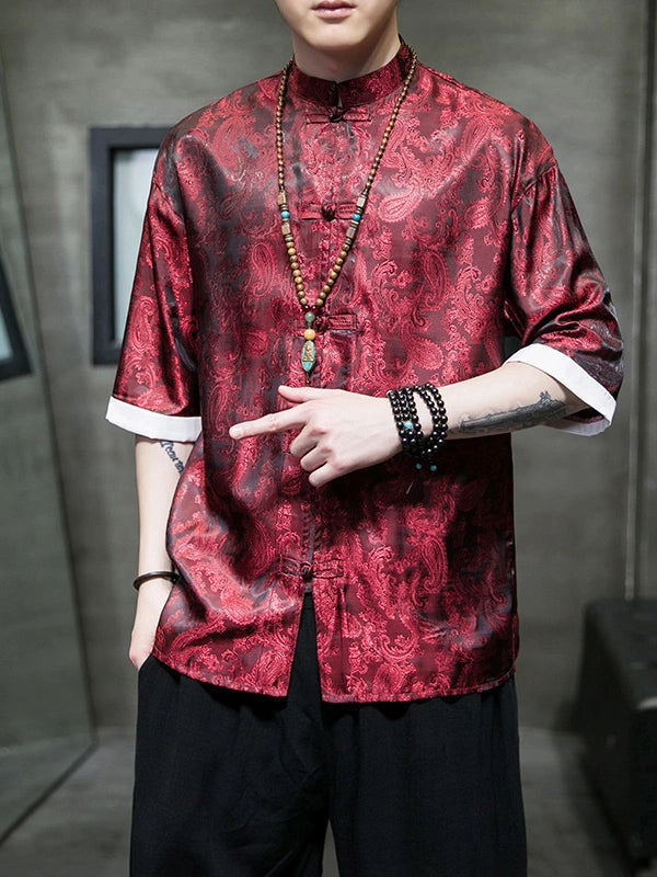 Men's Ice Silk Half-Sleeve Tang Suit Summer Shirt
