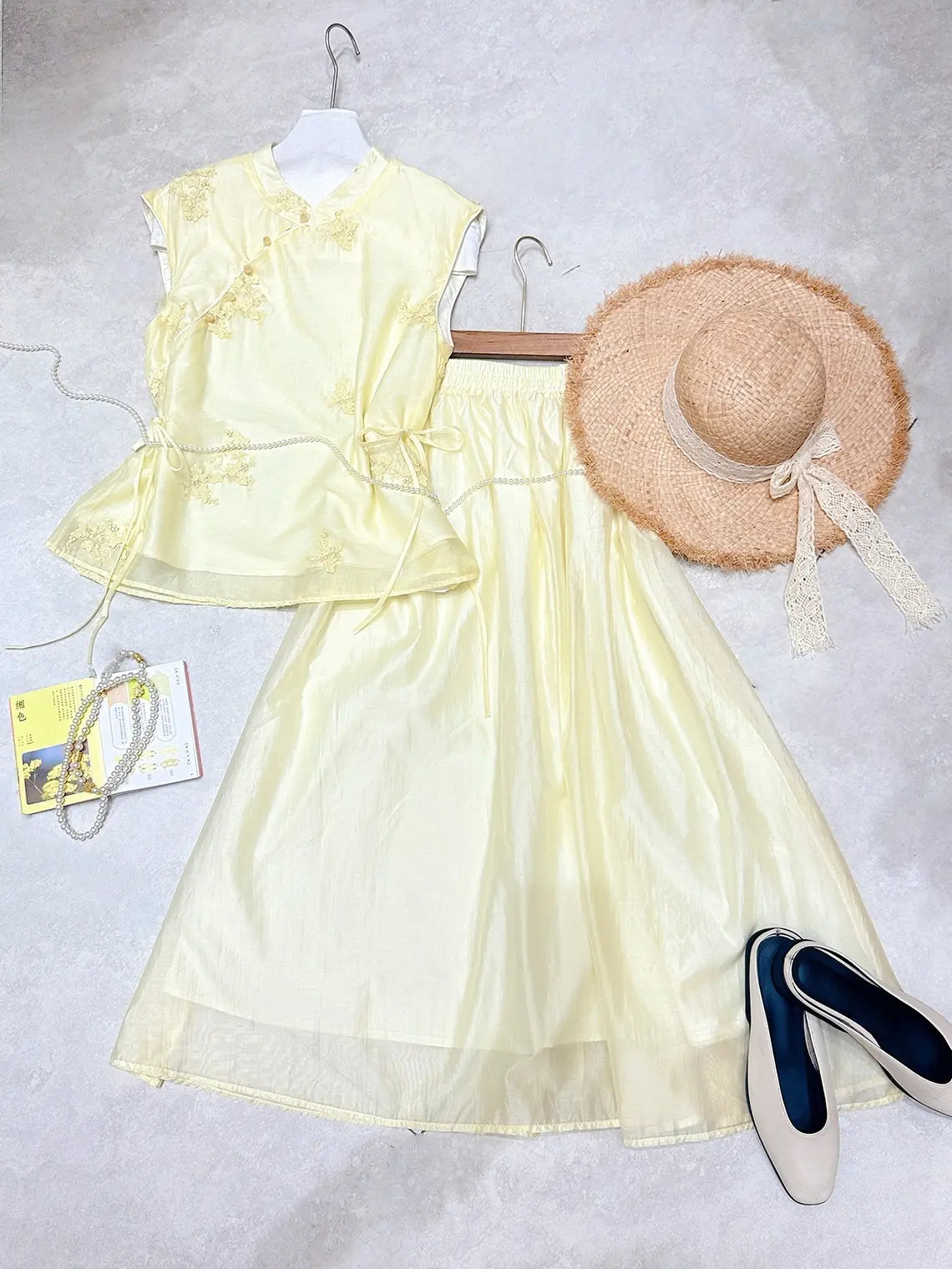 New Chinese Style - Sleeveless Asymmetric Top & Maxi Skirt Set (2-Piece)