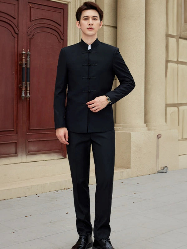 Modern Chinese Style Slim Fit Mandarin Collar Tang Suit Jacket Set