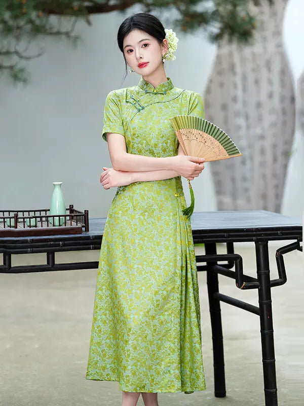 Modern Floral Short Sleeve A-Line Qipao Dress