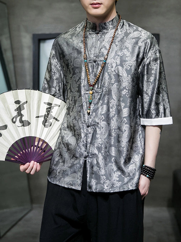 Men's Ice Silk Half-Sleeve Tang Suit Summer Shirt