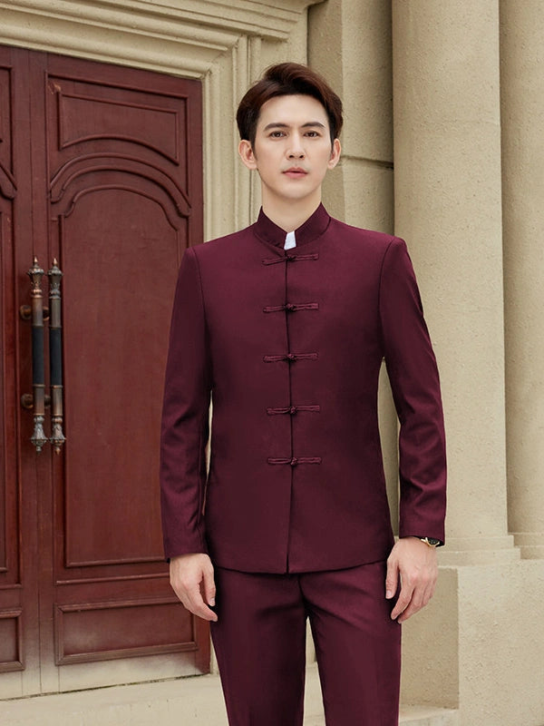 Modern Chinese Style Slim Fit Mandarin Collar Tang Suit Jacket Set