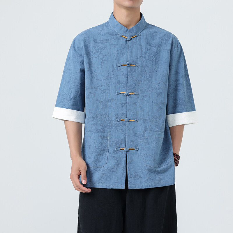 Men's Modern Chinese Style Half Sleeve Tang Suit Shirt