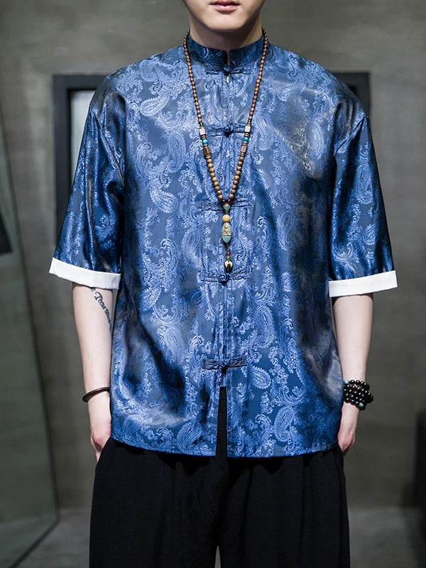 Men's Ice Silk Half-Sleeve Tang Suit Summer Shirt