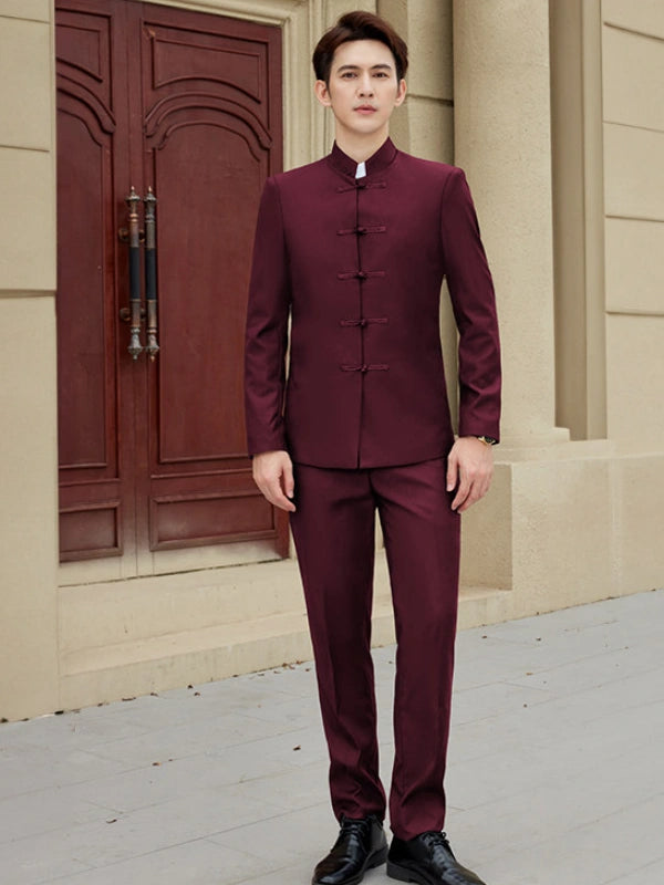 Modern Chinese Style Slim Fit Mandarin Collar Tang Suit Jacket Set