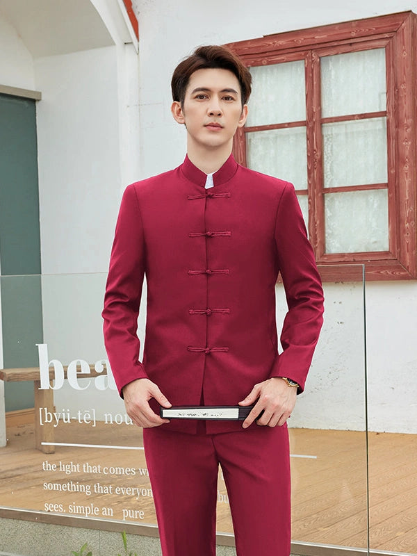 Modern Chinese Style Slim Fit Mandarin Collar Tang Suit Jacket Set
