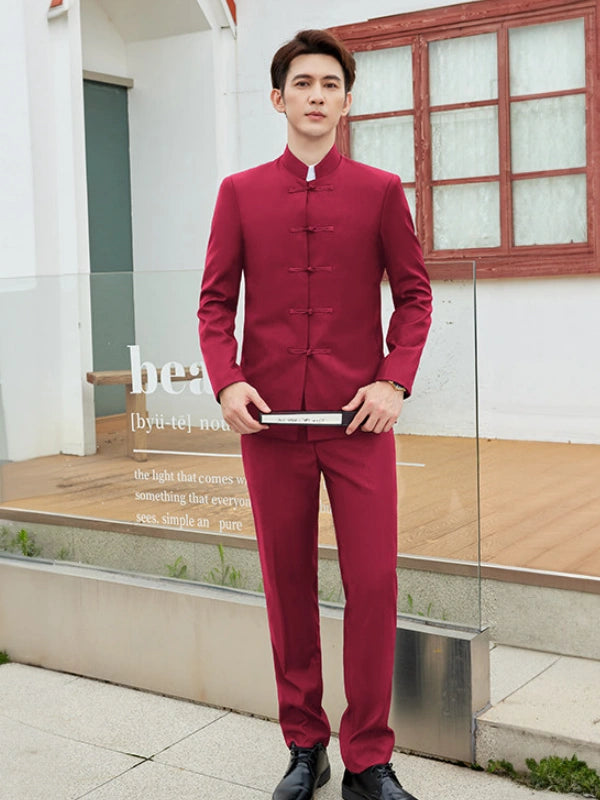 Modern Chinese Style Slim Fit Mandarin Collar Tang Suit Jacket Set