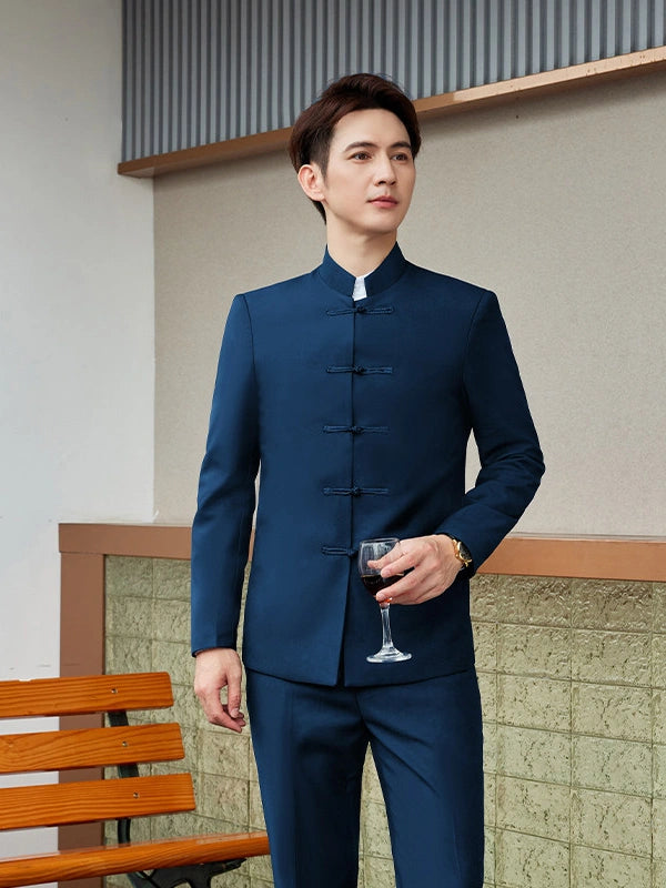 Modern Chinese Style Slim Fit Mandarin Collar Tang Suit Jacket Set