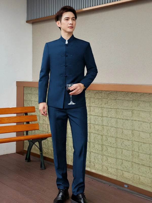 Modern Chinese Style Slim Fit Mandarin Collar Tang Suit Jacket Set