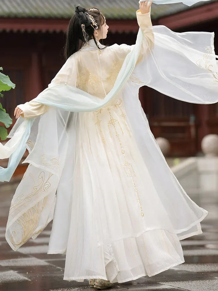 Elfenbeinweißes Hanfu-Kleid-Set aus der Song-Dynastie | Goldene Feder