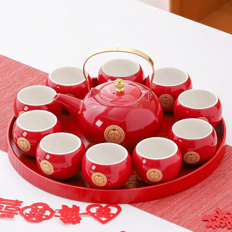 Traditional Chinese Double Happiness Red Wedding Tea Set | Crimson Bliss