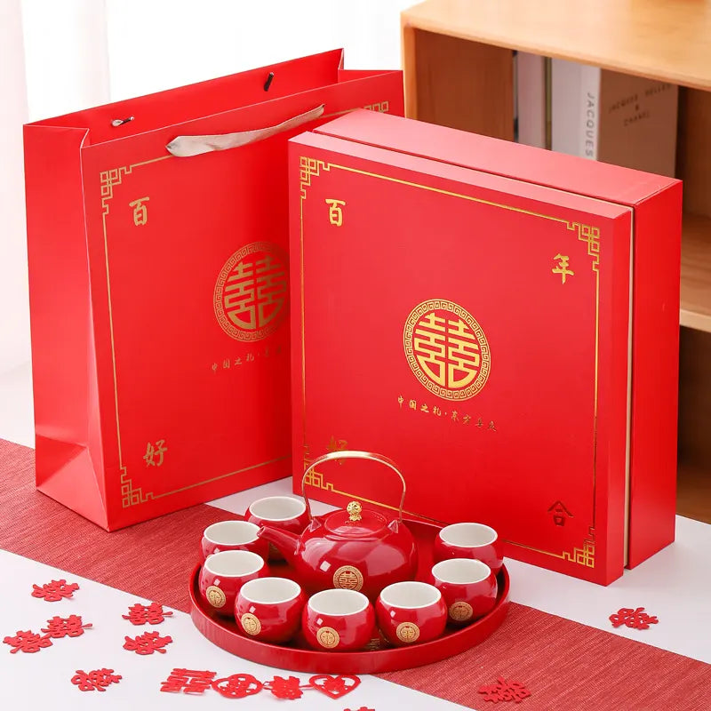 Traditional Chinese Double Happiness Red Wedding Tea Set | Crimson Bliss