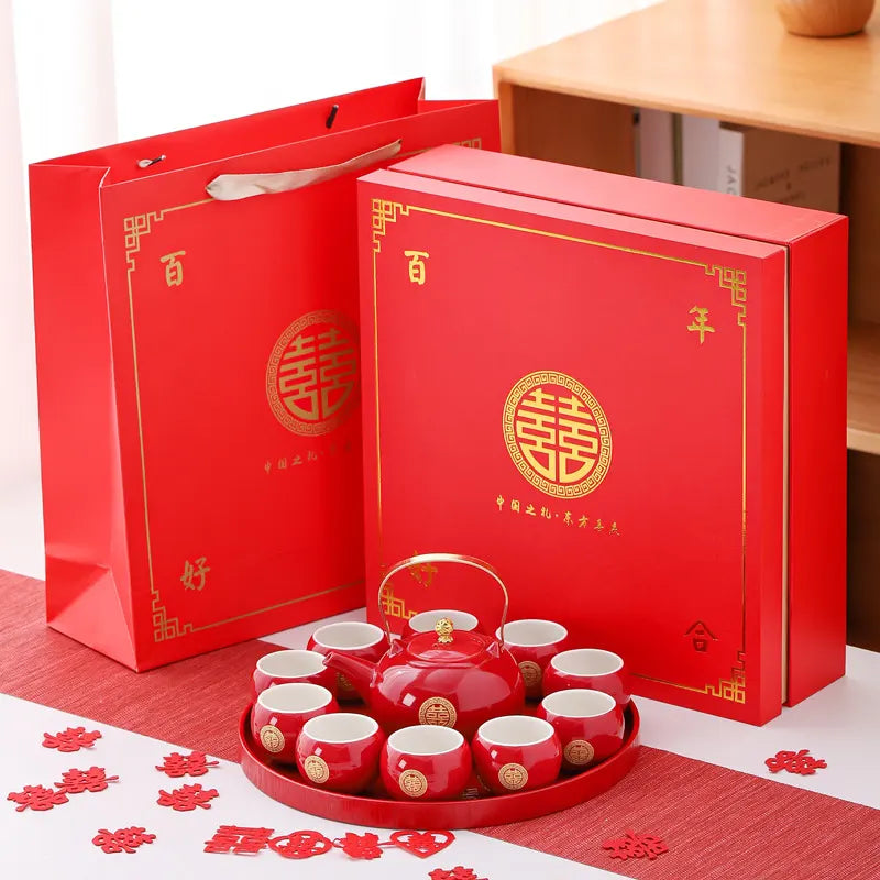 Traditional Chinese Double Happiness Red Wedding Tea Set | Crimson Bliss