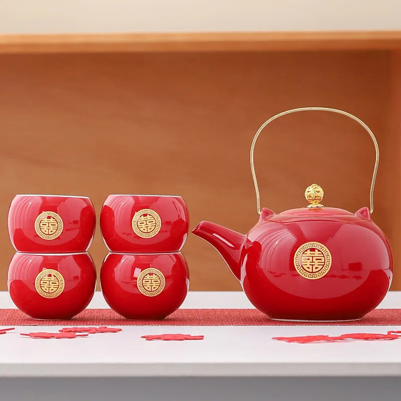 Traditional Chinese Double Happiness Red Wedding Tea Set | Crimson Bliss