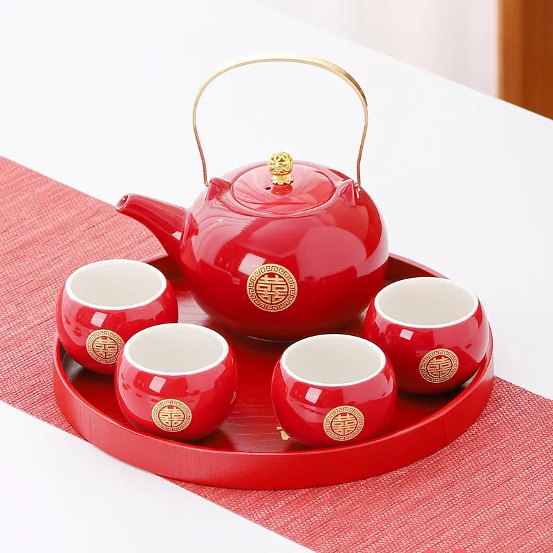 Traditional Chinese Double Happiness Red Wedding Tea Set | Crimson Bliss