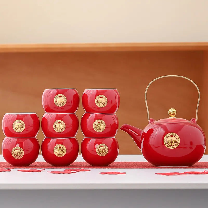 Traditional Chinese Double Happiness Red Wedding Tea Set | Crimson Bliss