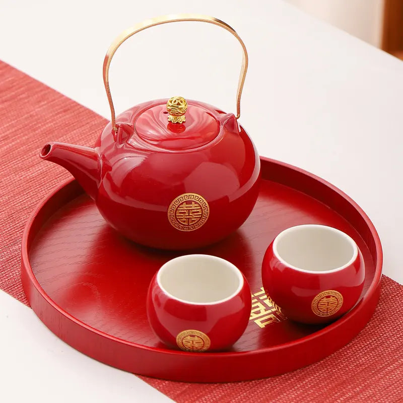 Traditional Chinese Double Happiness Red Wedding Tea Set | Crimson Bliss