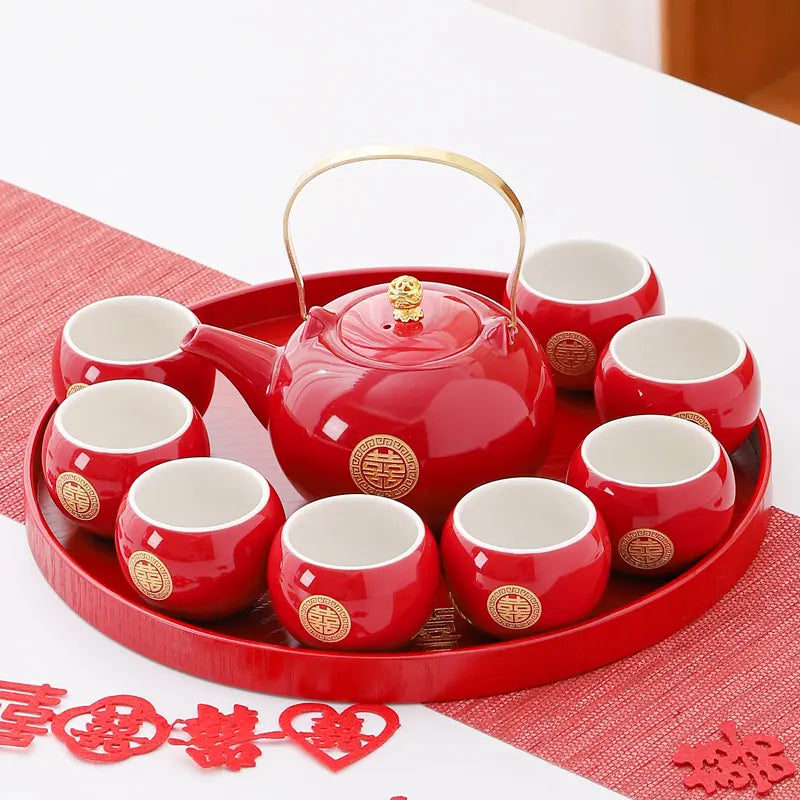 Traditional Chinese Double Happiness Red Wedding Tea Set | Crimson Bliss