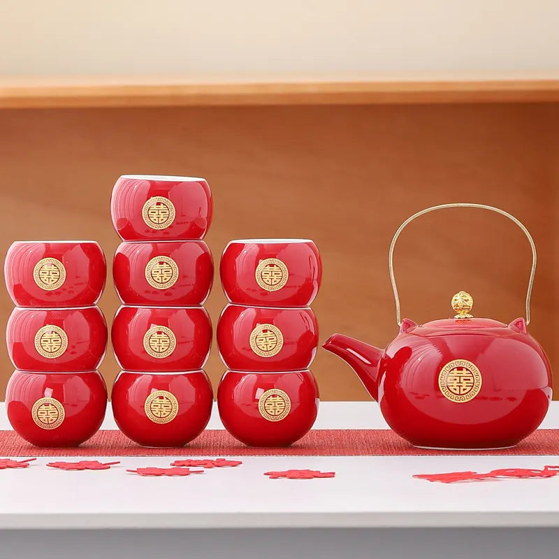 Traditional Chinese Double Happiness Red Wedding Tea Set | Crimson Bliss