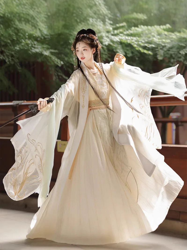white chinese dress Ancient Wide Sleeved God Girl Sweet Hanfu Full Set LolitaInside 80 4XL 114 168 68 80 Ivory White with Golden Embroider
