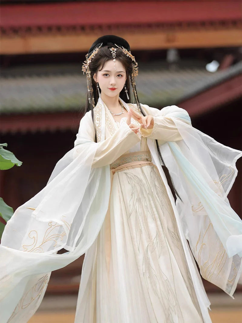 Ivory White with Golden Embroider Song Dynasty Hanfu Dress Set, M
