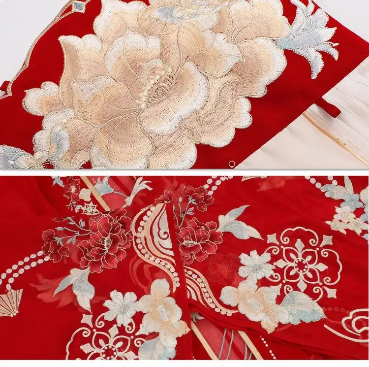 Embroidered fabric with floral patterns on a red background