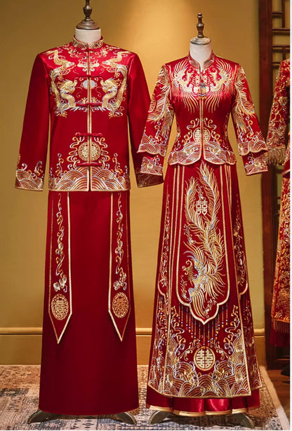 Traditional Chinese Wedding outfit bride pheonix Qun Kwa dress & groom dragon Tang  Suit Set