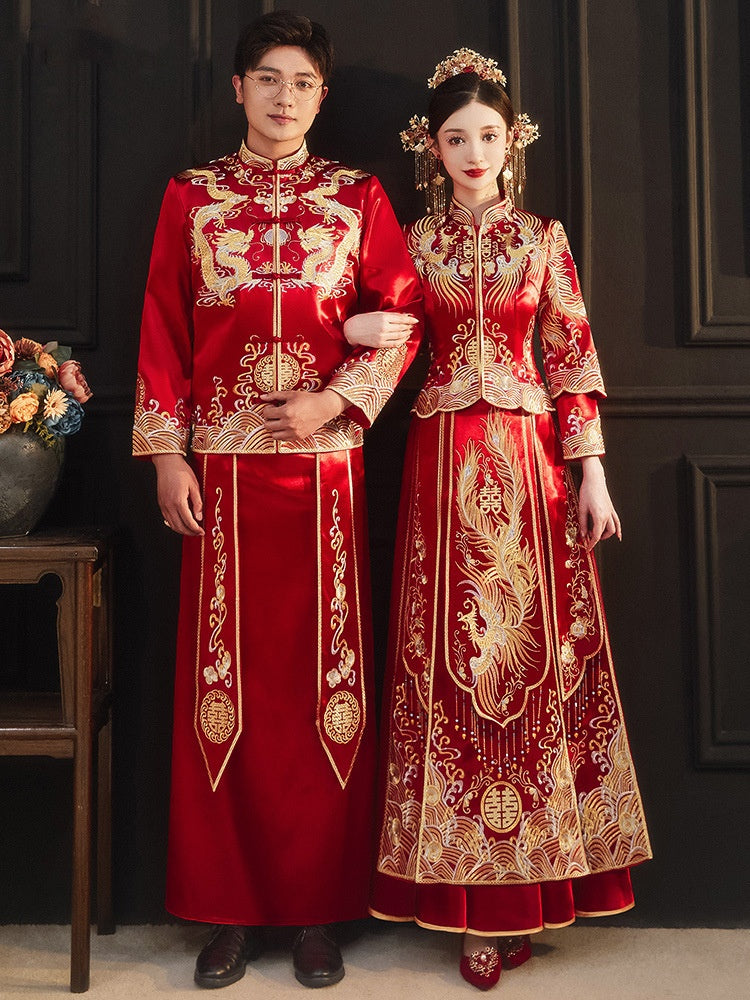 Traditional Chinese Wedding red Qun gua dress & groom dragon ma gua Set