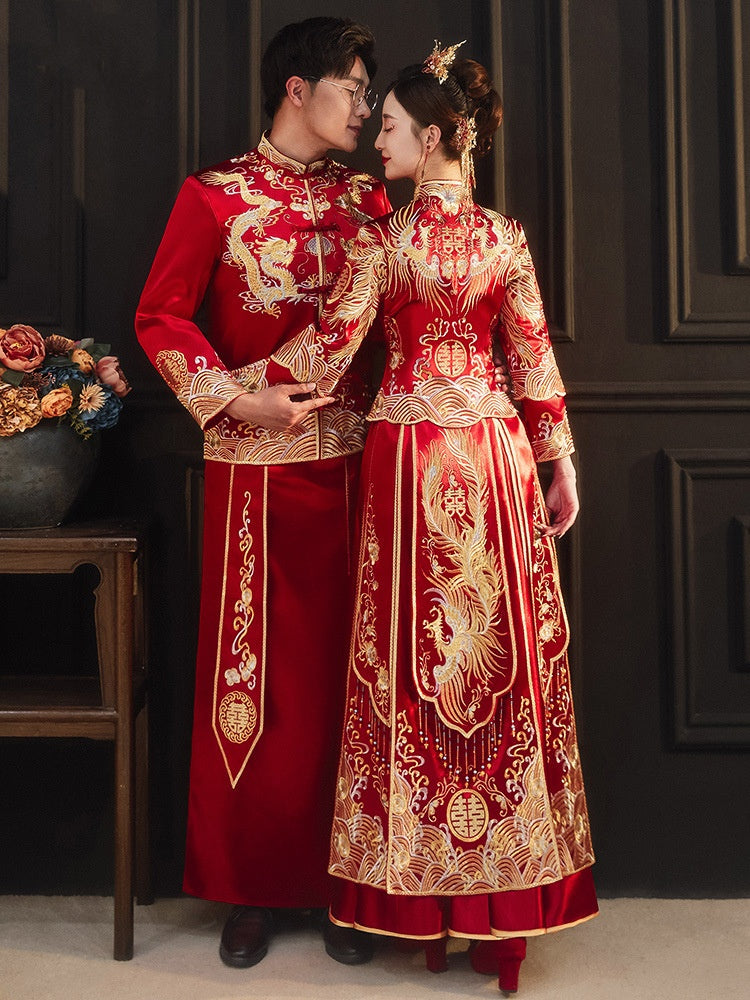 Traditional Chinese Wedding outfit bride pheonix Qun Kwa dress & groom dragon Tang  Suit Set